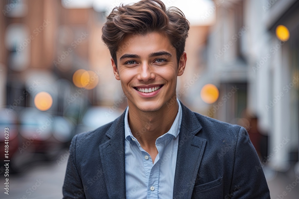Obraz premium Charming Young Man in Smart-Casual Wear with Bright Grin and Confident Gaze