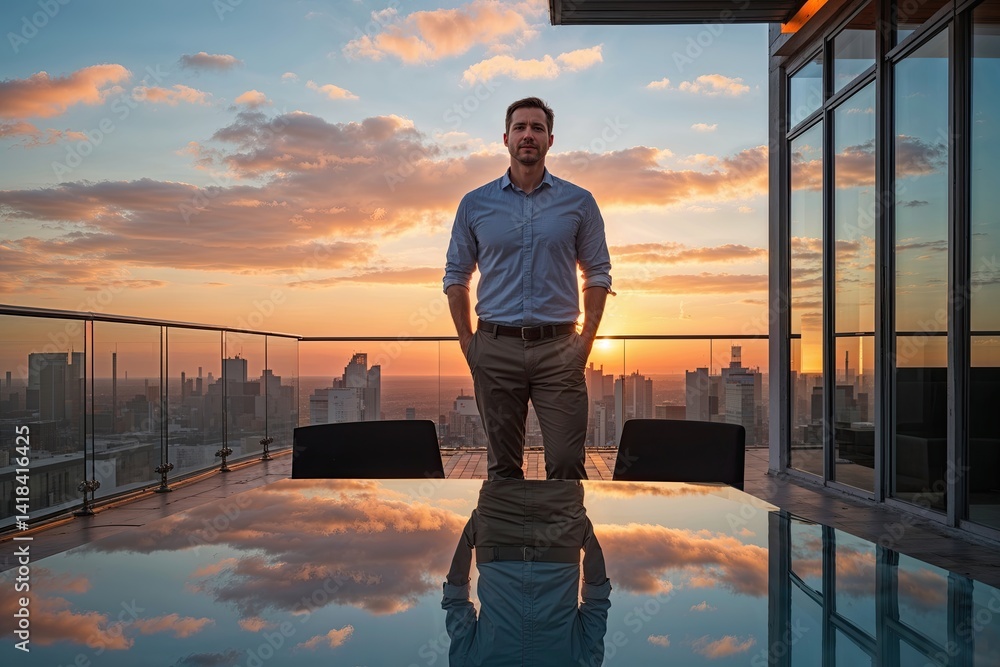 Fototapeta premium Empowered Entrepreneur in Casual Clothing Reflecting on Office Terrace at Sunset