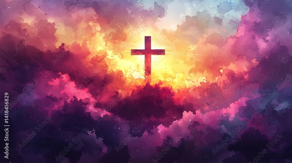 Feature a cross emerging from watercolor clouds in lavender and coral with shining rays for a spiritual Easter 2025 layout leaving text below Feature a cross emerging from watercolor clouds in lavender and coral with shining rays for a spiritual Easter 2025 layout leaving text below
