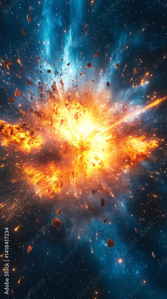 Fototapeta premium Cosmic Explosion with Fire and Debris in Deep Space
