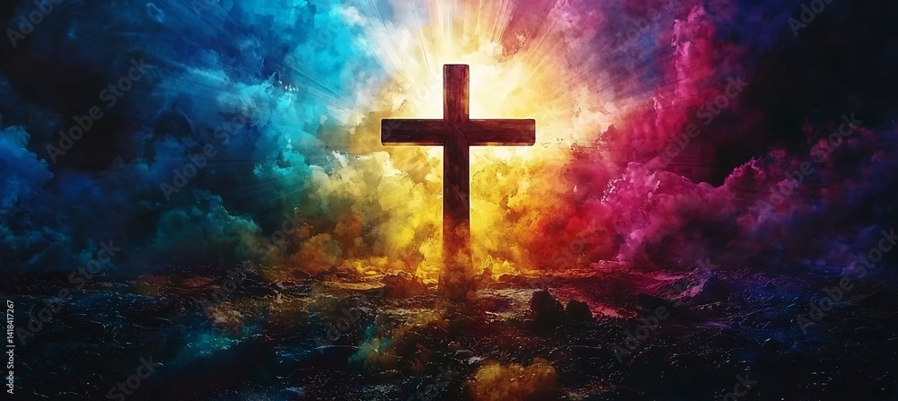 Feature a silhouette of a cross backed by sun rays in watercolor pastels capturing the spiritual essence of Easter 2025 with copy space Feature a silhouette of a cross backed by sun rays in watercolor pastels capturing the spiritual essence of Easter 2025 with copy space