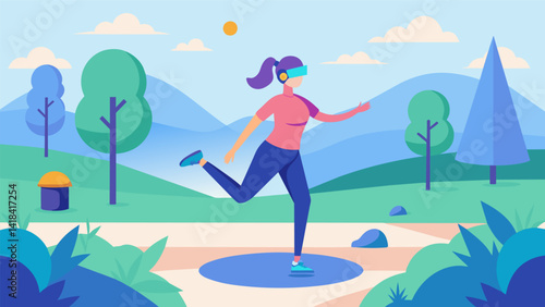 Looking for a lowimpact workout Follow the VR parks gentle fitness trail where interactive exercises focus on stretching balance and other. Vector illustration