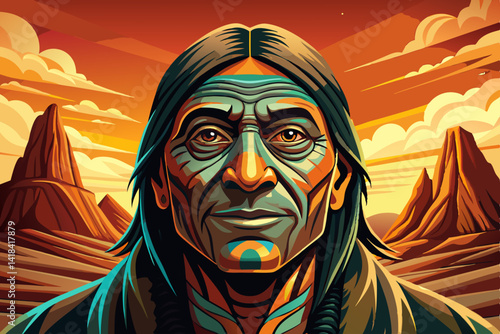 Portrait vector of Native American Indian Apache at sunset time, amazing Traditional Face Painting