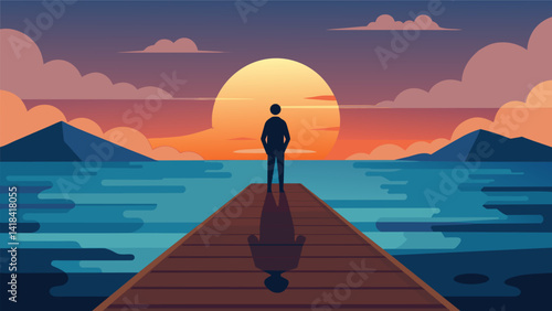 A figure stands on a pier their feet grounding into the wooden planks as they witness the sun rising over a vast ocean.. Vector illustration
