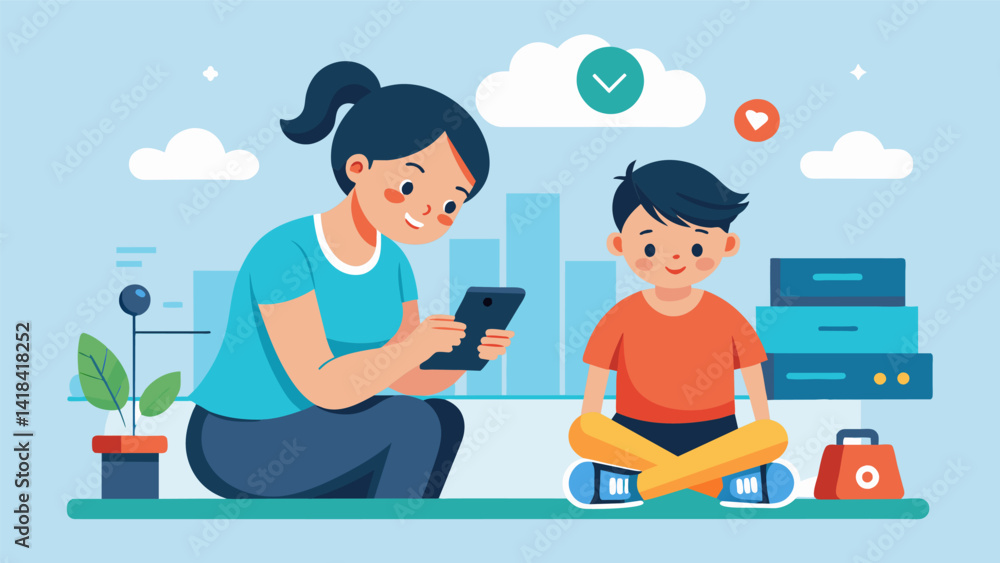 A mother and son teaming up to beat high scores on a fitness app while using their smartphones.. Vector illustration A mother and son teaming up to beat high scores on a fitness app while using their smartphones.. Vector illustration