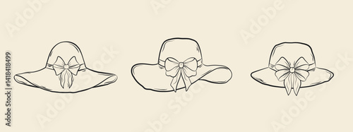 A set of hand-drawn female summer hats with bows. Monochrome ink illustration. Vector.