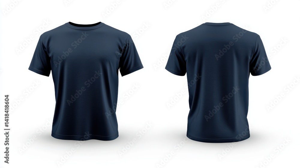 Two Plain Navy Blue T shirts on a White Background Mockup, Front and Back View. Two Plain Navy Blue T shirts on a White Background Mockup, Front and Back View.