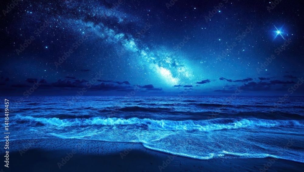 Night ocean with stars and milky way galaxy above. Night ocean with stars and milky way galaxy above.