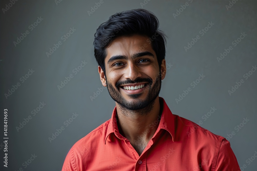 Obraz premium Delightful Young Indian Man in Eye-Catching Red Shirt Smiling Cheerfully in Muted Grey Setting