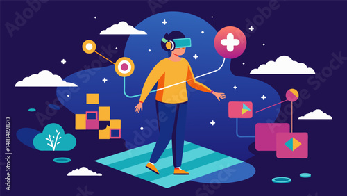Embark on a journey through a virtual reality world and enhance your mindbody coordination by completing a series of unique mind and body puzzles.. Vector illustration