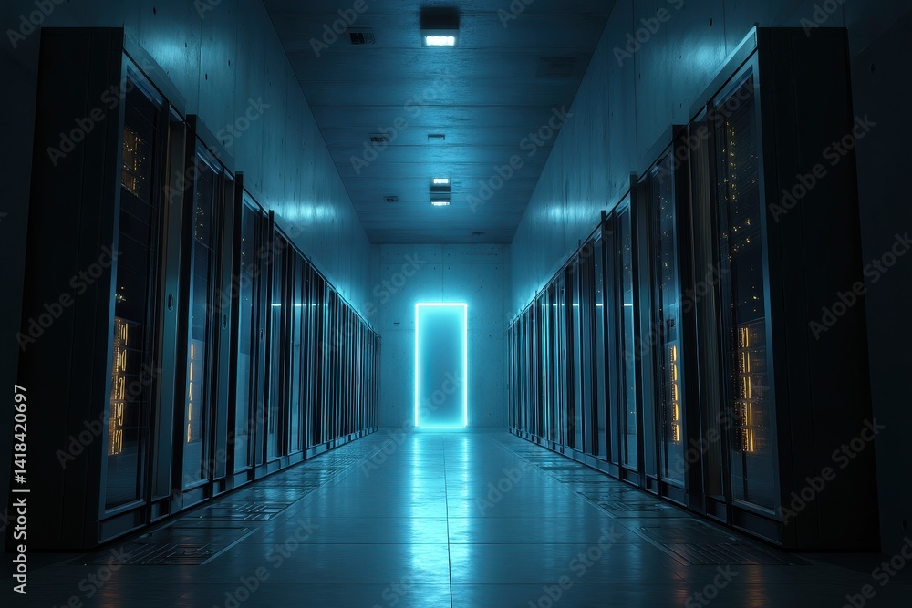 A high-tech server room featuring rows of computer racks, illuminated by a striking blue light that highlights the advanced technology. A high-tech server room featuring rows of computer racks, illuminated by a striking blue light that highlights the advanced technology.
