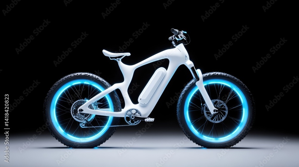 Fototapeta premium Sleek white e-bike with glowing rims. Modern, futuristic design