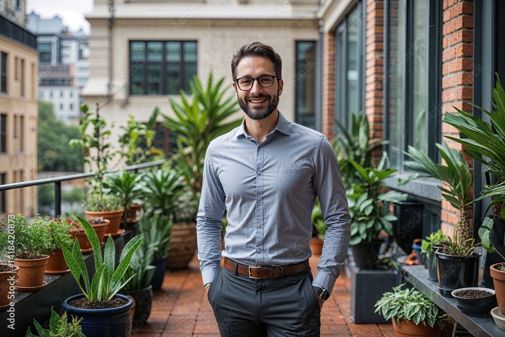 Creative Professional in Business Casual Outfit Surrounded by Greenery on Office Terrace Creative Professional in Business Casual Outfit Surrounded by Greenery on Office Terrace