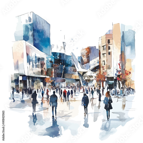 Busy City Square With Modern Sculptures And People, watercolor vector, isolated on a white background.