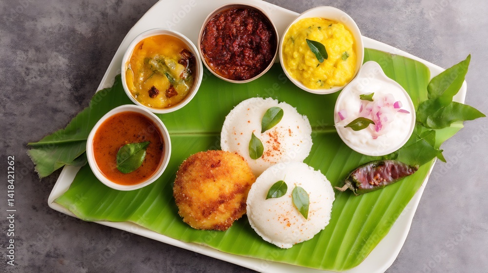 Indian idli vada with sambar and three chutneys on banana leaf style white plate traditional South Indian breakfast top down view clean bright background Indian idli vada with sambar and three chutneys on banana leaf style white plate traditional South Indian breakfast top down view clean bright background