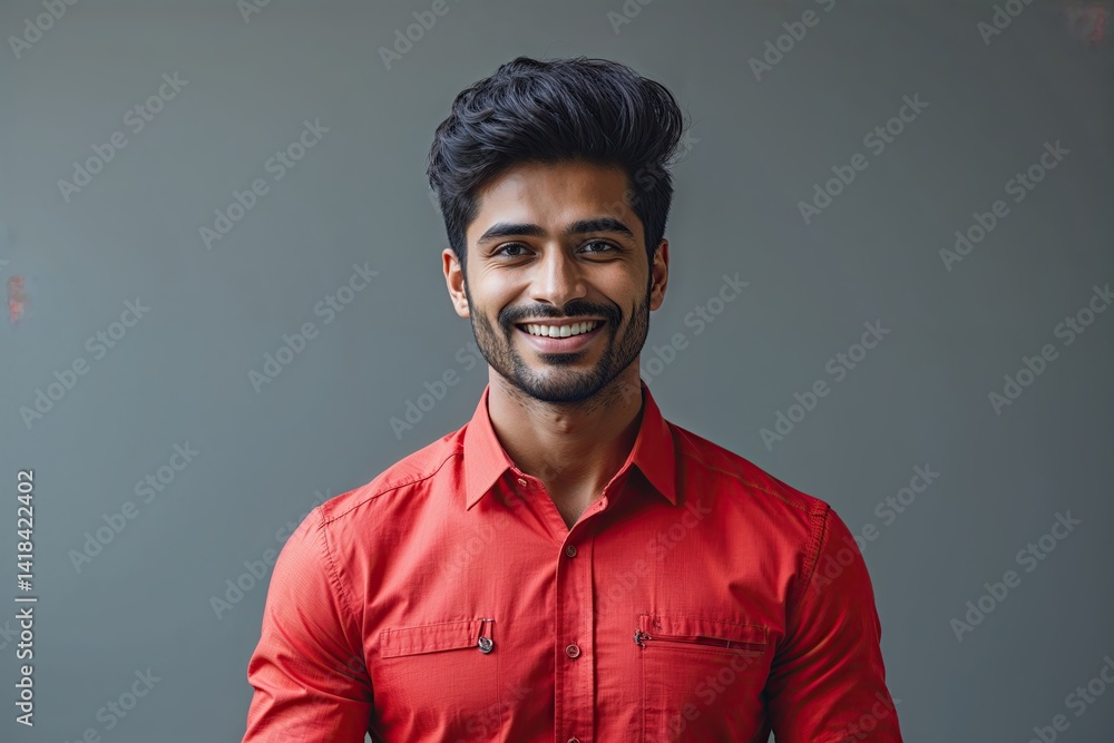 Obraz premium Vibrant Young Indian Man in Trendy Red Shirt Radiating Positivity on Smooth Grey Background