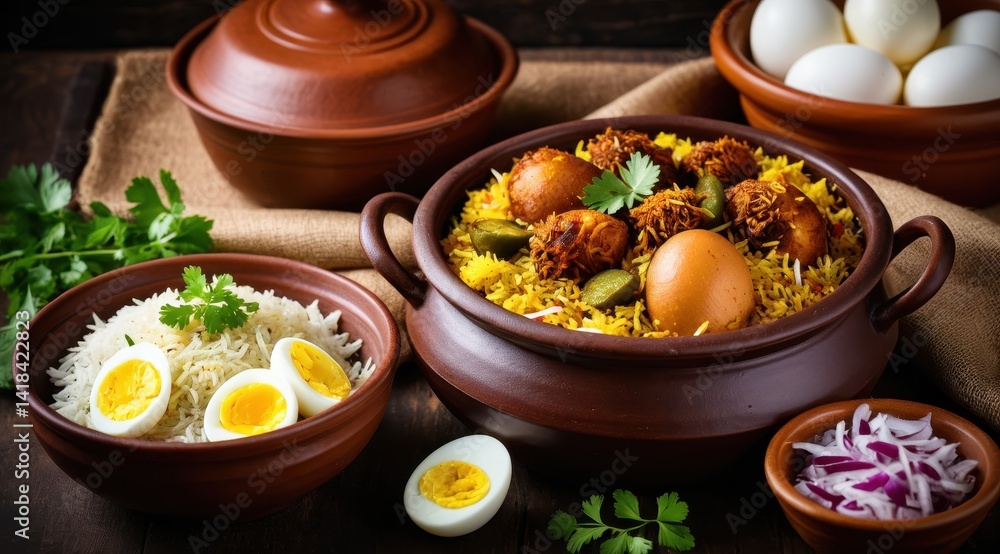A flavorful, aromatic biryani served in a clay pot, topped with boiled eggs and surrounded by fresh pickles and coriander, creating a vibrant and enticing culinary display A flavorful, aromatic biryani served in a clay pot, topped with boiled eggs and surrounded by fresh pickles and coriander, creating a vibrant and enticing culinary display