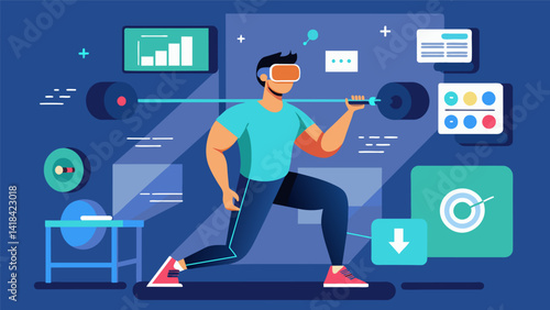 In the virtual realm a VR strength and conditioning coach customizes workouts for individuals of varying fitness levels offering realtime form. Vector illustration