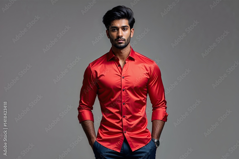 Fototapeta premium Stylish Young Indian Man in Red Shirt Standing on Simple Grey Background