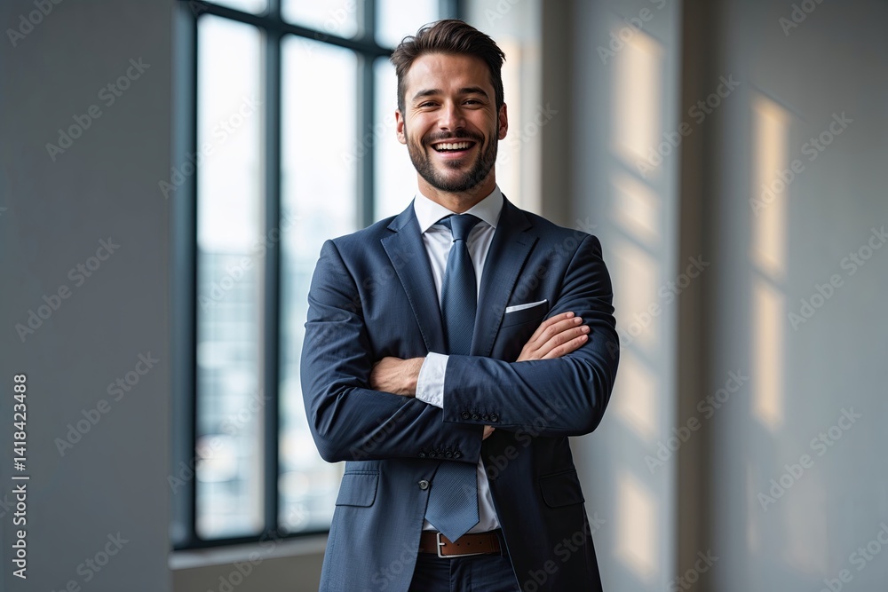 Confident Businessman in Professional Attire Standing with Crossed Arms Confident Businessman in Professional Attire Standing with Crossed Arms