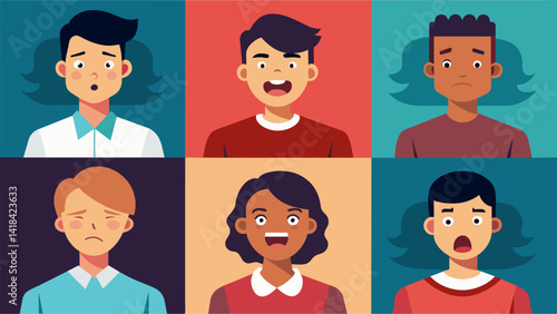 A series of photographs featuring individuals with different facial expressions and body language exploring the universal nature of emotions and. Vector illustration
