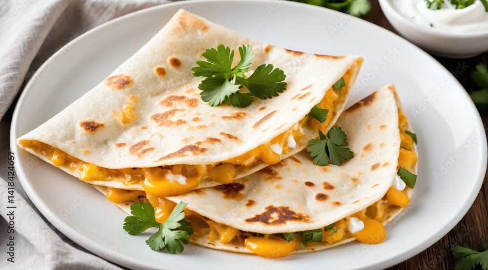 Three cheesy quesadillas filled with vibrant vegetables and topped with sour cream and cilantro, served on a plate with fresh garnish Three cheesy quesadillas filled with vibrant vegetables and topped with sour cream and cilantro, served on a plate with fresh garnish