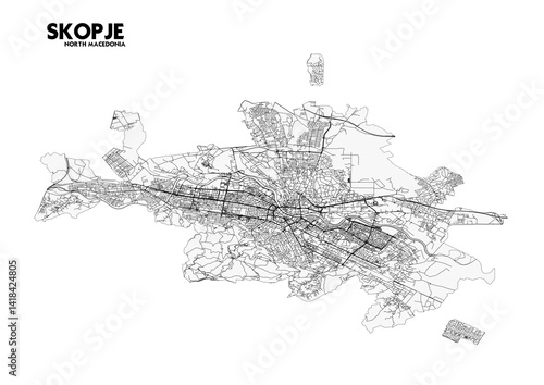 vector map of highway in skopje, north macedonia with black and white theme colors 