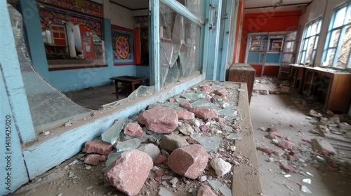 A shattered window in a building, glass fragments scattered on the floor - damaged material windowpane unsafe