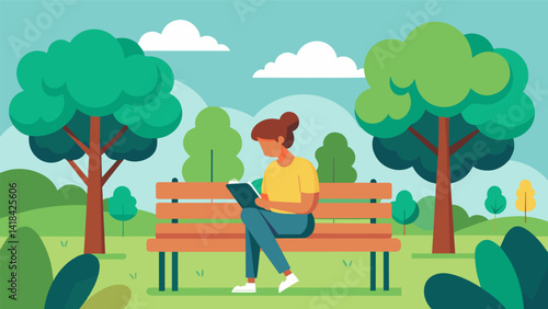 A sunny park bench surrounded by trees where a writer takes a break from their stroll to jot down their observations in a small notebook.. Vector illustration