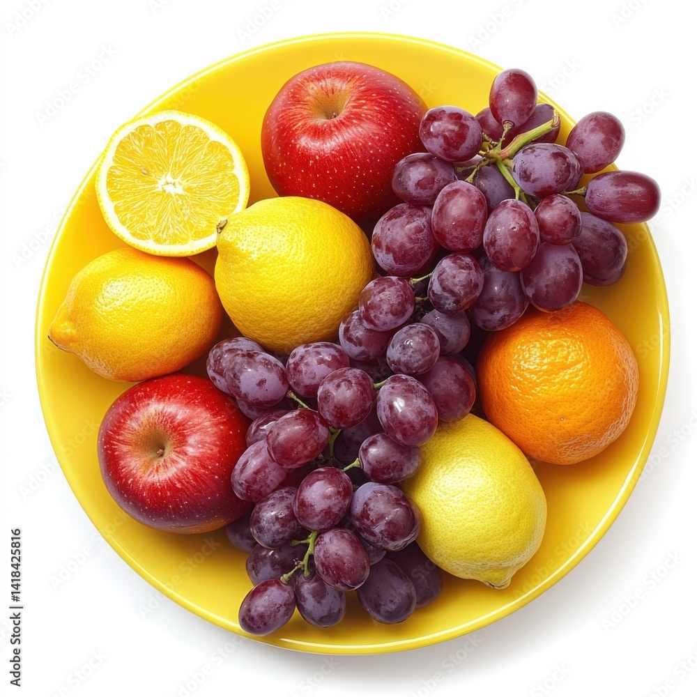 Assortment of fresh fruits arranged on a vibrant yellow plate isolated on white background Assortment of fresh fruits arranged on a vibrant yellow plate isolated on white background