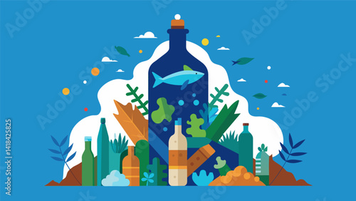 A sculpture made from driftwood and recycled glass bottles representing the harmony between land and ocean and the detrimental effects of plastic on. Vector illustration