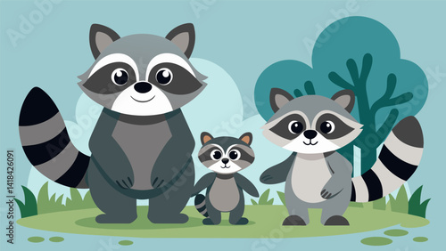A family of adorable baby racs eagerly exploring their new surroundings after being released together back into the wild.. Vector illustration