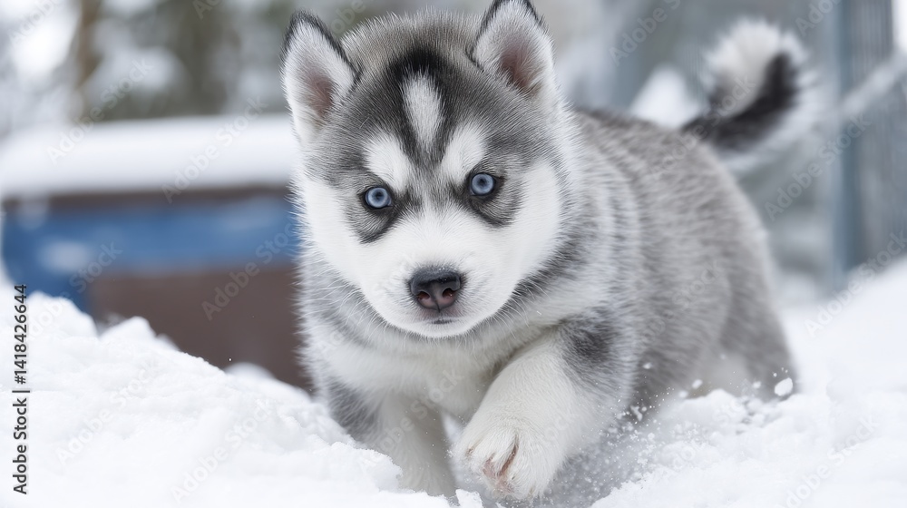 Naklejka premium A playful Husky puppy tumbles in the snow, its fluffy tail wagging furiously - mammal purebred wildlife