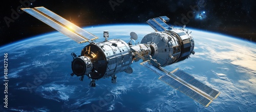 Fototapeta Naklejka Na Ścianę i Meble -  An Orbital Space Station Docks Above Earths Beautiful Atmosphere