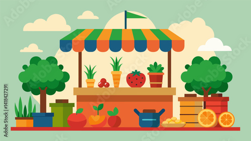 A farmers market is set up offering an abundance of fresh fruits and vegetables from the bountiful harvest.. Vector illustration