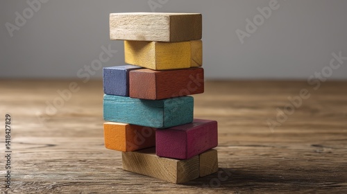 A child's building blocks tower precariously balanced - to fall structure stacked order play