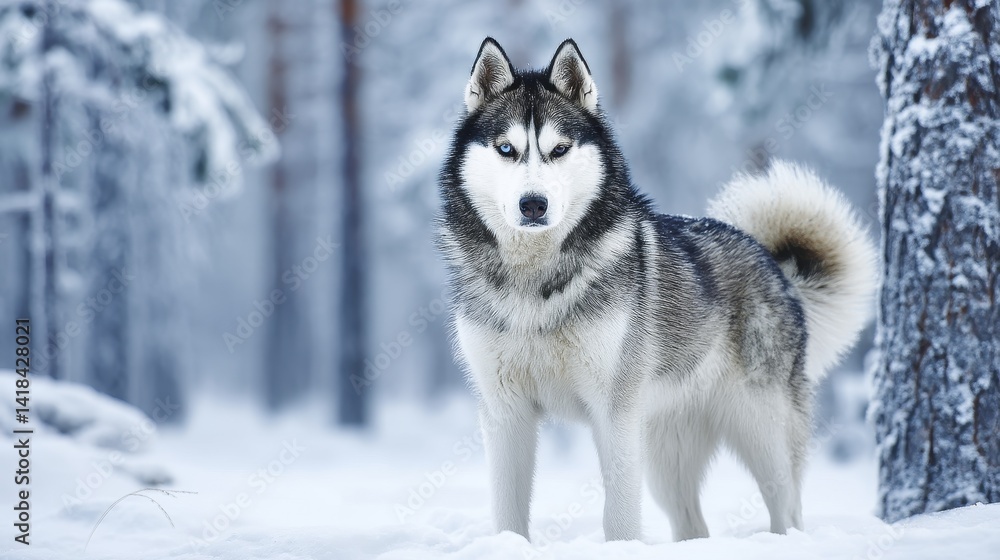 A proud Arctic Siberian Husky standing amidst snowy terrain, tail curled - Nature Weather Frozen Sled A proud Arctic Siberian Husky standing amidst snowy terrain, tail curled - Nature Weather Frozen Sled