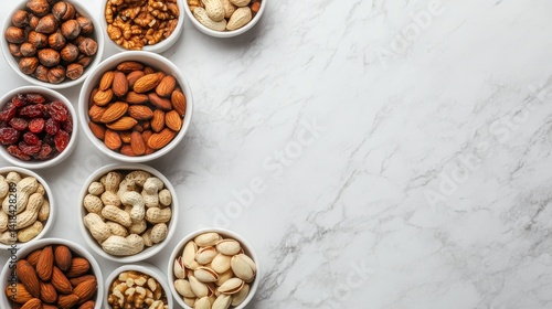 Fototapeta Naklejka Na Ścianę i Meble -  Variety of nuts and dried fruits arranged in bowls on a marble countertop with empty space in the center. Copy space.