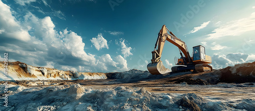 excavator blue sky heavy machine construction site. Creative Banner. Copyspace image