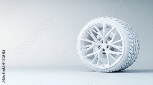 3D model of a white car wheel, tire, and rim, studio shot.