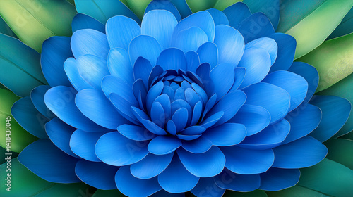 Ultra-detailed macro 3D render of a vibrant blue summer flower with layered petals and light green background leaves, radiating freshness and summer energy.