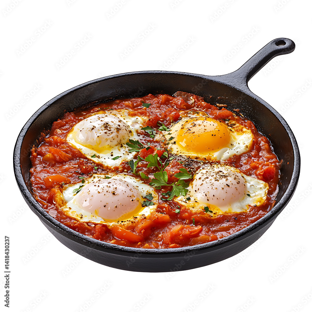 Shakshuka with poached eggs and tomatoes, isolated white background, hyperrealism art style Shakshuka with poached eggs and tomatoes, isolated white background, hyperrealism art style