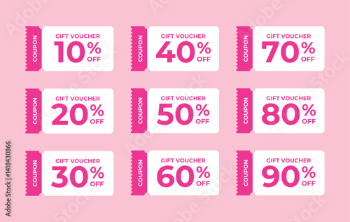 Nine gift voucher coupons with discounts from 10 to 90.
