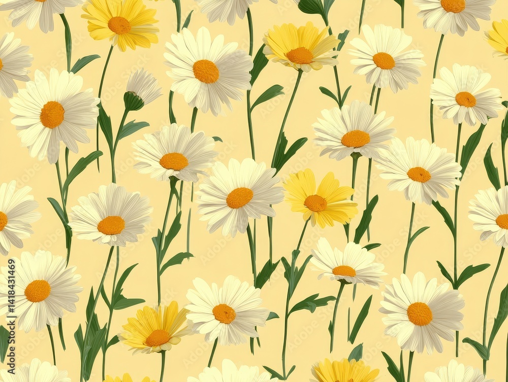 A colorful array of white and yellow daisies with green stems create a vibrant field of flowers, perfect for a cheerful and uplifting design. A colorful array of white and yellow daisies with green stems create a vibrant field of flowers, perfect for a cheerful and uplifting design.