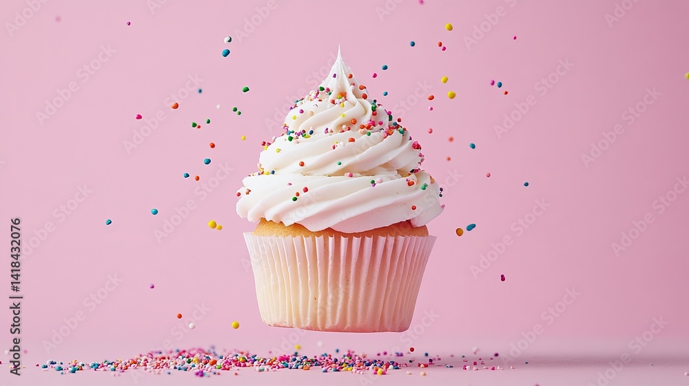 A close up of a cupcake with white frosting and sprinkles against a pink background in studio shot A close up of a cupcake with white frosting and sprinkles against a pink background in studio shot
