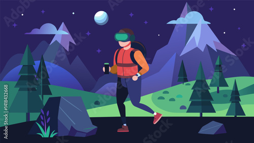 In a quiet park a person follows a VR simulation of hiking up a mountain while wearing a weighted VR vest for added intensity during their nighttime. Vector illustration