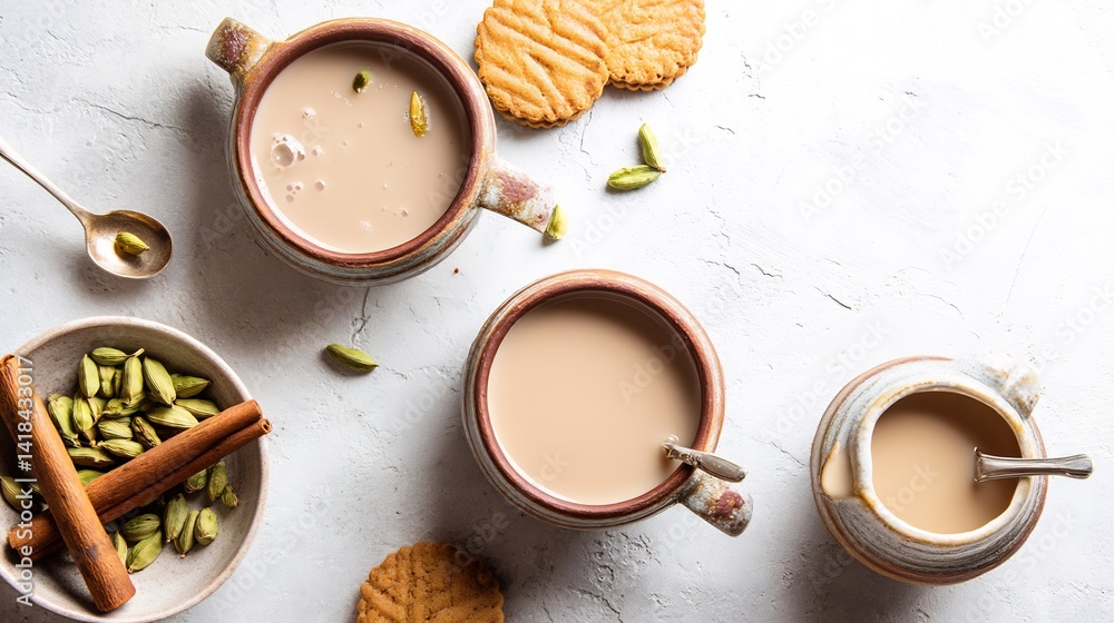 Refreshing Indian masala chai clay cups with cardamom ginger and cinnamon sticks classic hot drink setup with biscuits on white textured background morning tea top view Refreshing Indian masala chai clay cups with cardamom ginger and cinnamon sticks classic hot drink setup with biscuits on white textured background morning tea top view