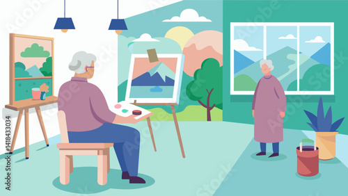 A quiet room in a nursing home is transformed into a makeshift art studio with patients using watercolors and pastels to create soothing landscapes. Vector illustration