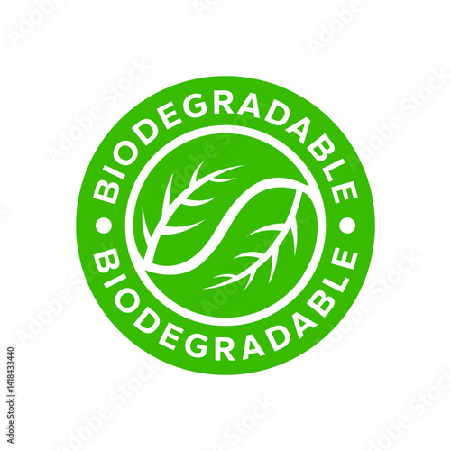 Biodegradable with leaf circle icon set. Biodegradable packaging label, badge, symbol, logo. Plastic free, biodegradable eco safe, recyclable, bio degradable, eco friendly product. Vector Illustration
