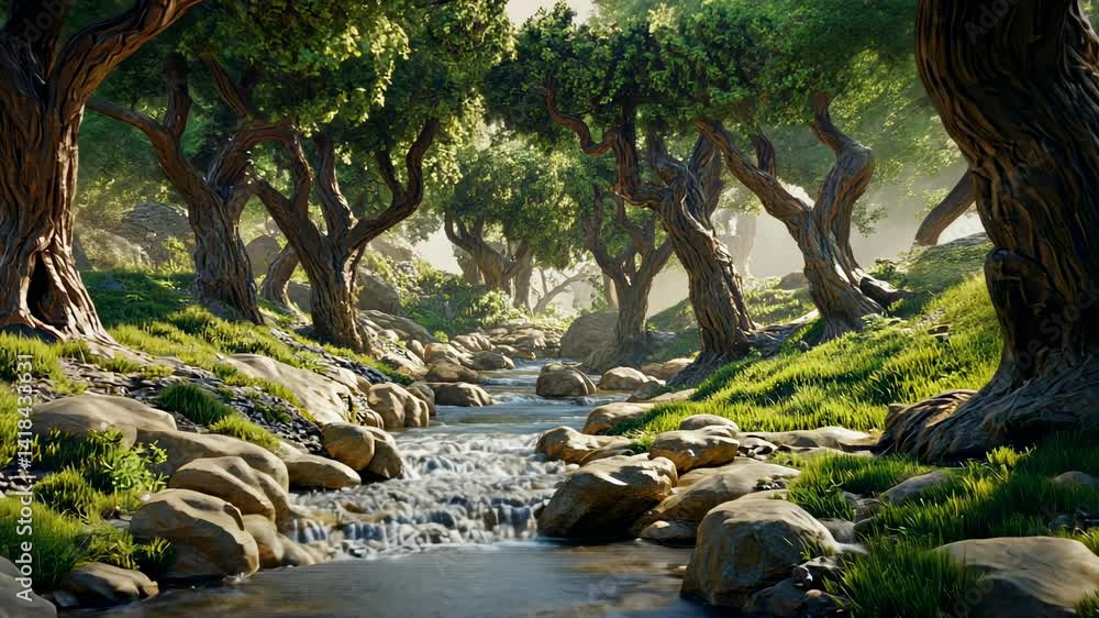 Serene stream through a magical forest Serene stream through a magical forest
